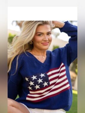 Women's Blue V-Neck Flag Sweater